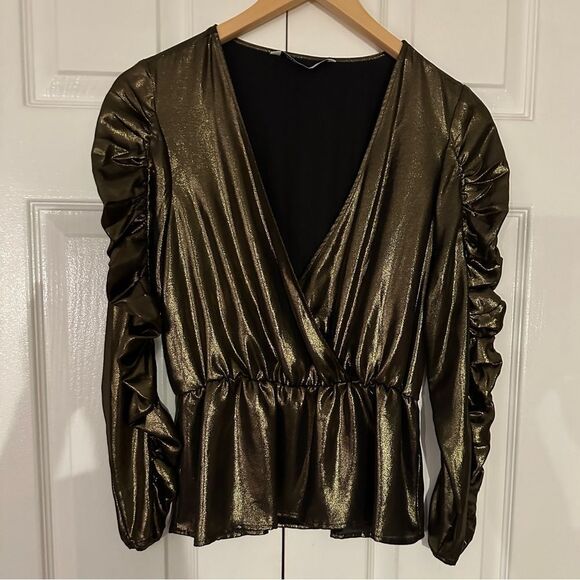 ZARA Blouse Gold Wrap Shirt Peplum Top Size Small - Picture 5 of 9